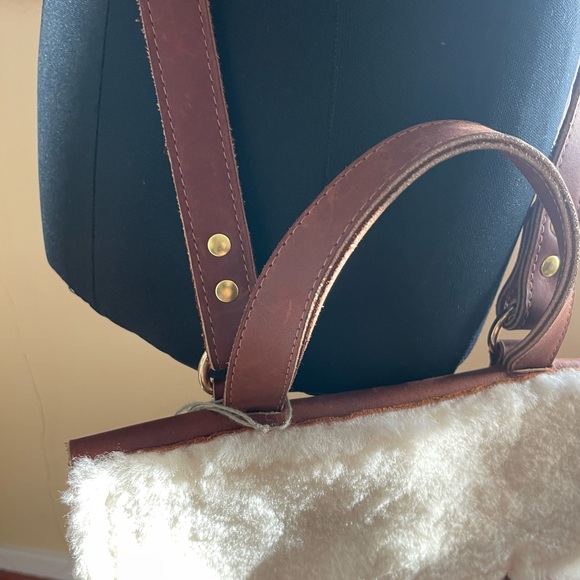 Genuine Leather Brown Crossbody Satchel Bag with Shearling Fur Trim - Picture 4 of 10